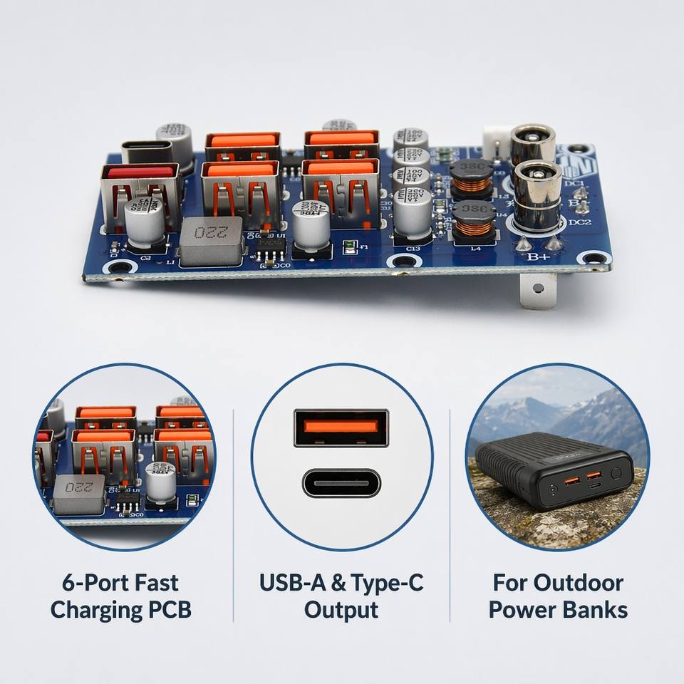 6-Port USB Fast Charging PCBA Board QC3.0 18W PD 20W Power Bank Module Circuit PCB FR-4 DC 9-30V for Outdoor Energy Storage
