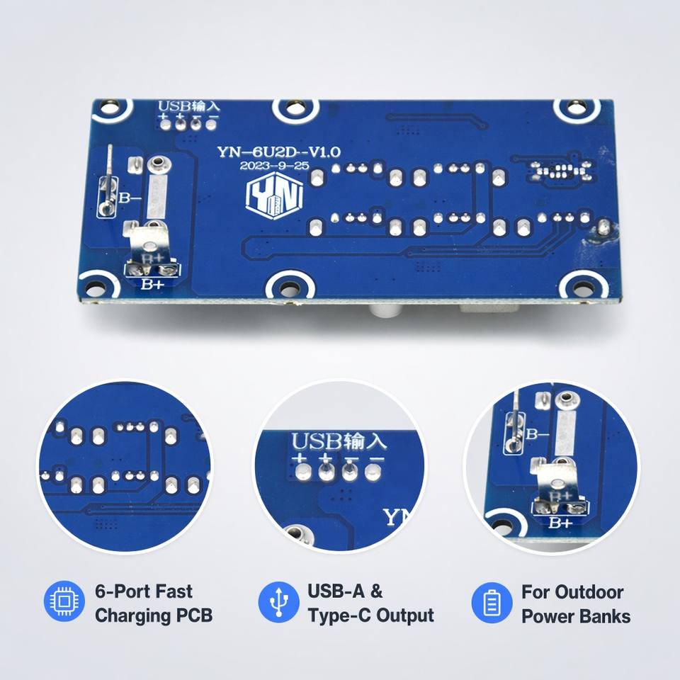 6-Port USB Fast Charging PCBA Board QC3.0 18W PD 20W Power Bank Module Circuit PCB FR-4 DC 9-30V for Outdoor Energy Storage