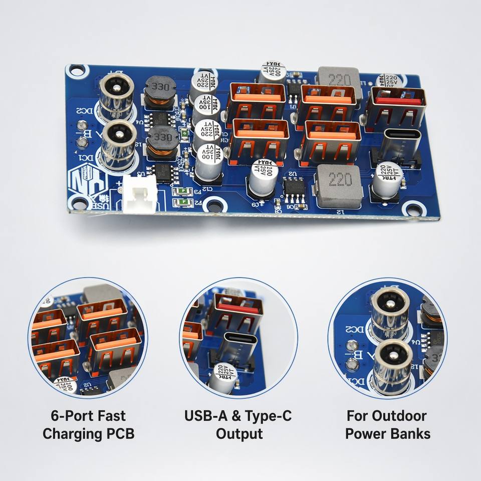 6-Port USB Fast Charging PCBA Board QC3.0 18W PD 20W Power Bank Module Circuit PCB FR-4 DC 9-30V for Outdoor Energy Storage