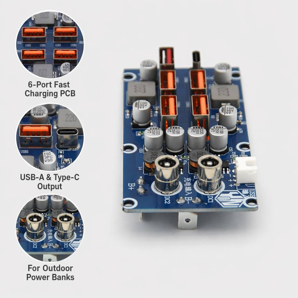 6-Port USB Fast Charging PCBA Board QC3.0 18W PD 20W Power Bank Module Circuit PCB FR-4 DC 9-30V for Outdoor Energy Storage