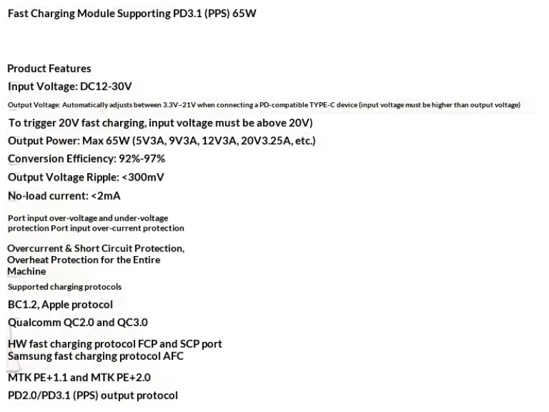 DC 12V-30V Input PD 65W Fast Charge Module Type-C PD 3.1 PPS QC 3.0 SCP Step-down PCBA for Laptop Phone Tablet Car Charging